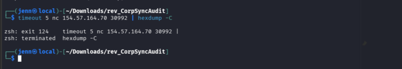 Empty hexdump from passive connection confirming client-speaks-first